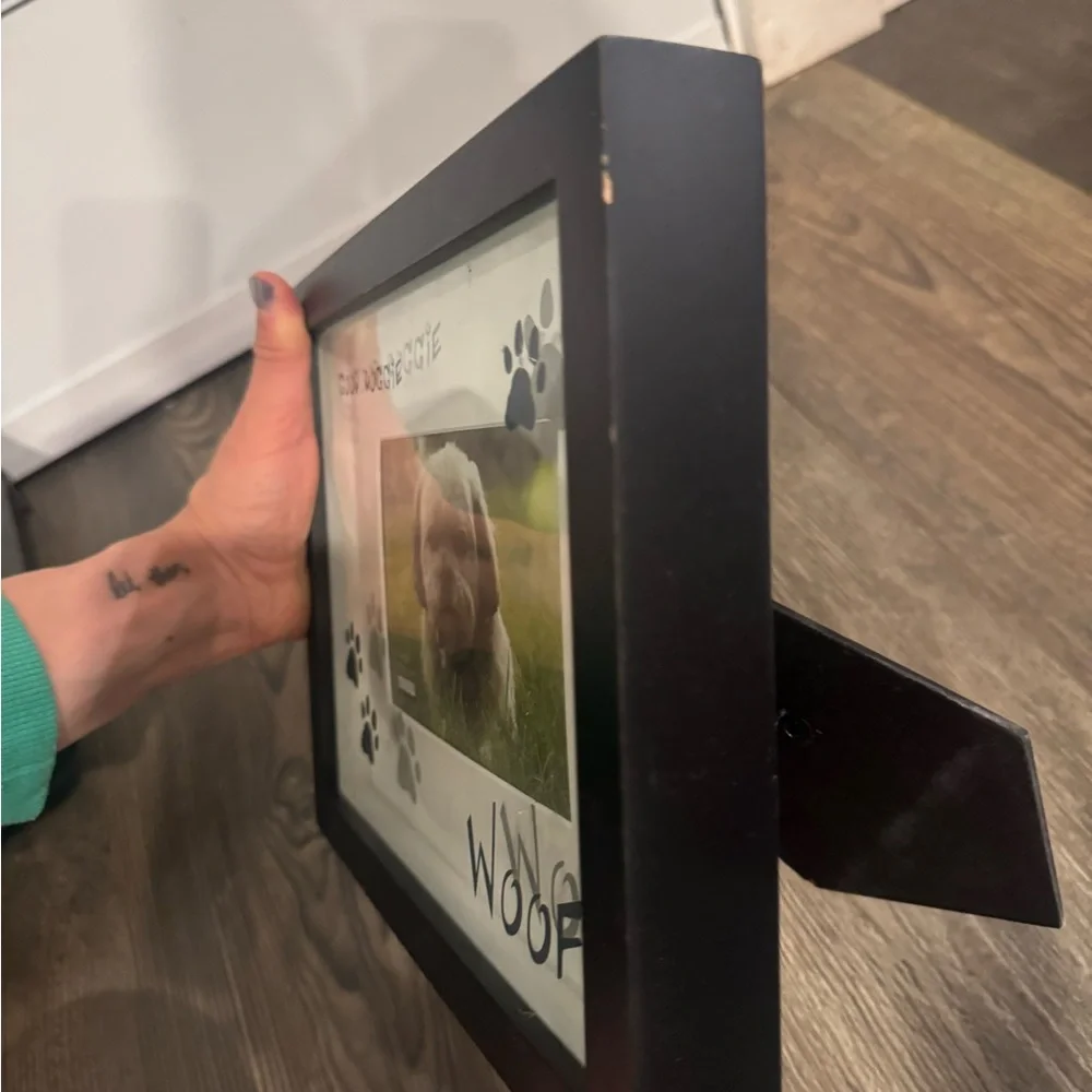 Cute Black Dog Photo Window Frame with Paw Prints